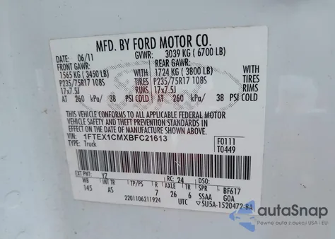 2011 Ford F-150 Xl из США, поврежденный, VIN 1FTEX1CMXBFC21613